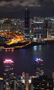 Preview wallpaper asia, skyscrapers, river, top view, night, lights city