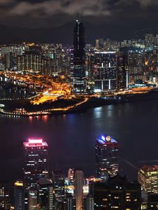 Preview wallpaper asia, skyscrapers, river, top view, night, lights city
