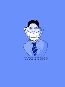 Preview wallpaper asian, smiley, smiling, blue background, tie, inscription, minimalism