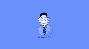 Preview wallpaper asian, smiley, smiling, blue background, tie, inscription, minimalism