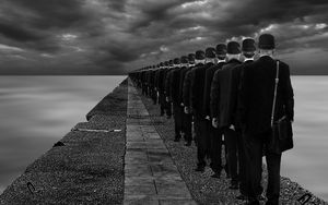 Preview wallpaper assimilation, surreal, people, sea, bw