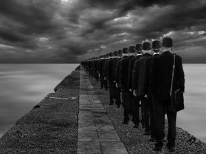 Preview wallpaper assimilation, surreal, people, sea, bw