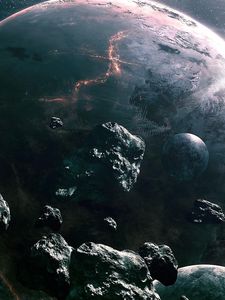 Preview wallpaper asteroids, planets, collision, light, space