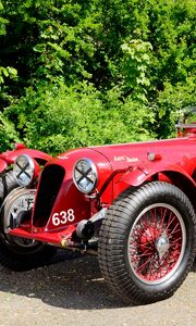 Preview wallpaper aston martin, 1939, red, side view, style, cars, retro, nature, trees, asphalt