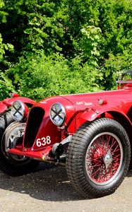 Preview wallpaper aston martin, 1939, red, side view, style, cars, retro, nature, trees, asphalt