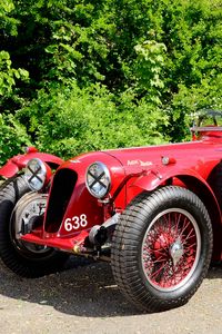 Preview wallpaper aston martin, 1939, red, side view, style, cars, retro, nature, trees, asphalt