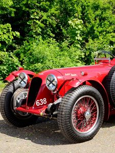 Preview wallpaper aston martin, 1939, red, side view, style, cars, retro, nature, trees, asphalt