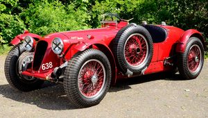 Preview wallpaper aston martin, 1939, red, side view, style, cars, retro, nature, trees, asphalt