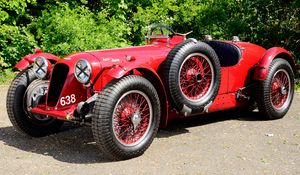 Preview wallpaper aston martin, 1939, red, side view, style, cars, retro, nature, trees, asphalt