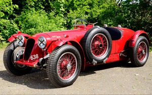 Preview wallpaper aston martin, 1939, red, side view, style, cars, retro, nature, trees, asphalt