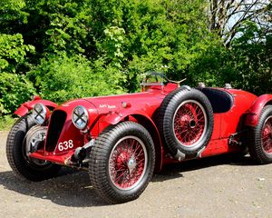 Preview wallpaper aston martin, 1939, red, side view, style, cars, retro, nature, trees, asphalt