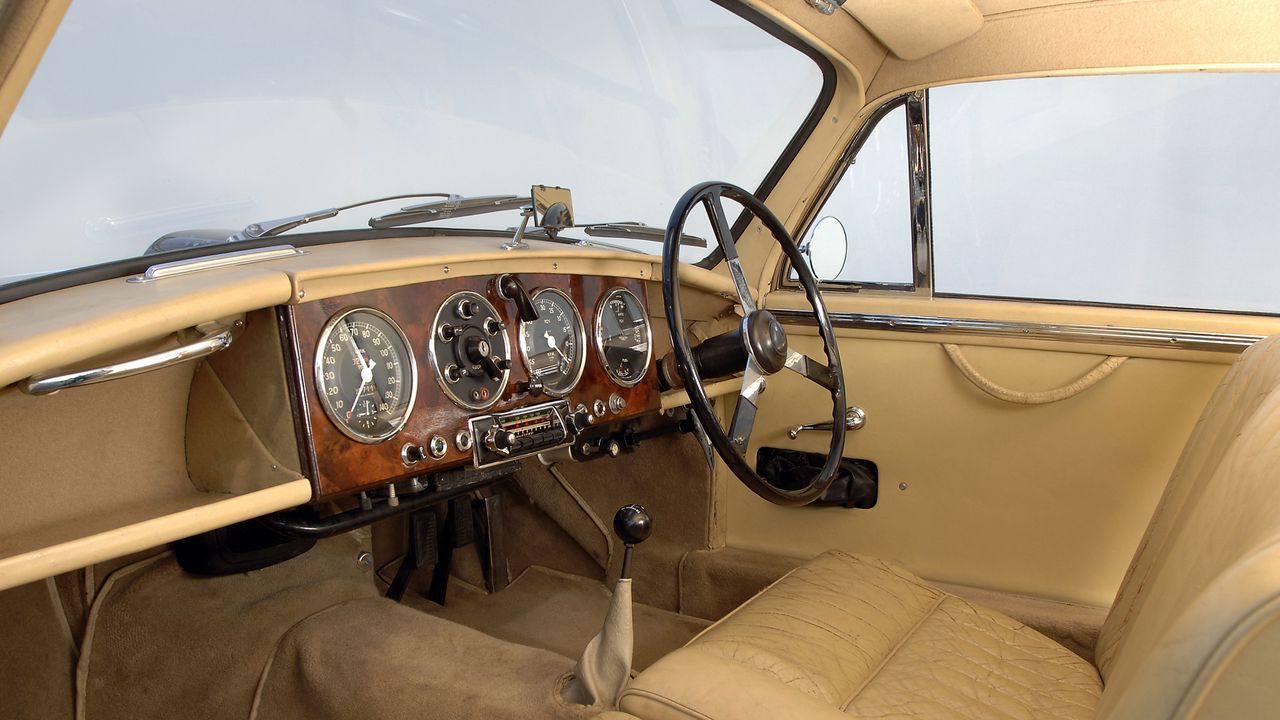 Wallpaper aston martin, 1950, beige, salon, retro, interior, steering wheel, speedometer