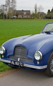 Preview wallpaper aston martin, 1951, blue, side view, style, cars, nature, grass, houses, trees