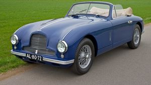 Preview wallpaper aston martin, 1951, blue, side view, style, cars, nature, grass, houses, trees