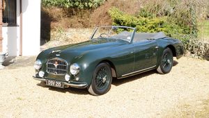 Preview wallpaper aston martin, 1952, black, front view, style, cars, retro, nature, house, trees, shrubs