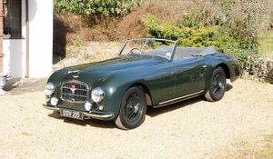 Preview wallpaper aston martin, 1952, black, front view, style, cars, retro, nature, house, trees, shrubs