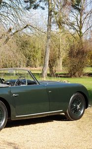 Preview wallpaper aston martin, 1952, green, side view, style, cars, retro, nature, trees, shrubs