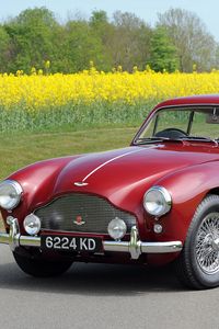 Preview wallpaper aston martin, 1958, red side view, style, cars, retro, nature, field, flowers, trees, asphalt
