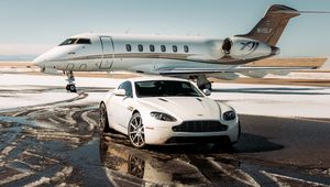 Preview wallpaper aston martin, car, white, airplane, airport