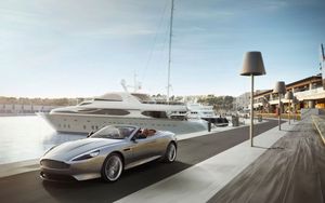 Preview wallpaper aston martin, convertible, dock, boat, movement