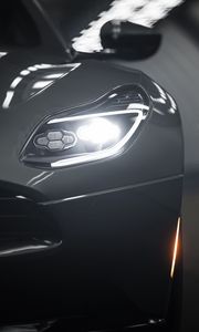 Preview wallpaper aston martin db11, aston martin, sportscar, gray, headlight, front view, close-up