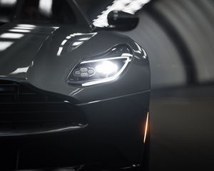 Preview wallpaper aston martin db11, aston martin, sportscar, gray, headlight, front view, close-up