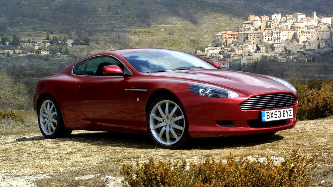Wallpaper aston martin, db9, 2004, red, side view, style, cars, nature, trees, houses