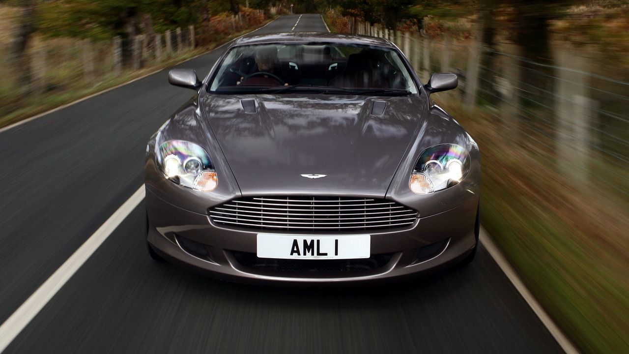 Wallpaper aston martin, db9, 2004, gray, front view, style, cars, speed, nature, trees, grass