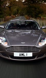 Preview wallpaper aston martin, db9, 2004, gray, front view, style, cars, speed, nature, trees, grass
