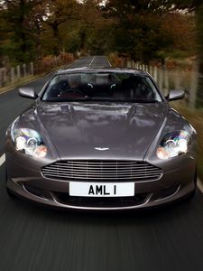 Preview wallpaper aston martin, db9, 2004, gray, front view, style, cars, speed, nature, trees, grass