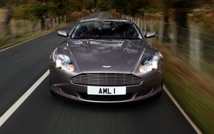 Preview wallpaper aston martin, db9, 2004, gray, front view, style, cars, speed, nature, trees, grass