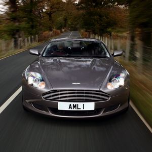 Preview wallpaper aston martin, db9, 2004, gray, front view, style, cars, speed, nature, trees, grass