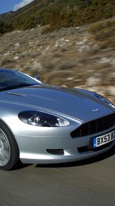 Preview wallpaper aston martin, db9, 2004, silver metallic, side view, style, cars, speed, nature, trees, asphalt