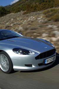 Preview wallpaper aston martin, db9, 2004, silver metallic, side view, style, cars, speed, nature, trees, asphalt