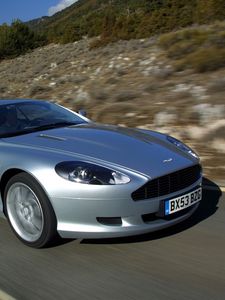 Preview wallpaper aston martin, db9, 2004, silver metallic, side view, style, cars, speed, nature, trees, asphalt