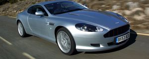 Preview wallpaper aston martin, db9, 2004, silver metallic, side view, style, cars, speed, nature, trees, asphalt