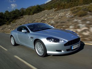 Preview wallpaper aston martin, db9, 2004, silver metallic, side view, style, cars, speed, nature, trees, asphalt
