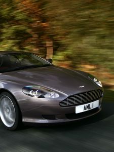 Preview wallpaper aston martin, db9, 2004, gray side view, style, cars, speed, trees, asphalt