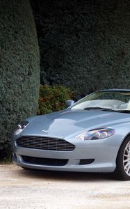 Preview wallpaper aston martin, db9, 2004, blue, side view, style, cars, nature, shrubs, trees