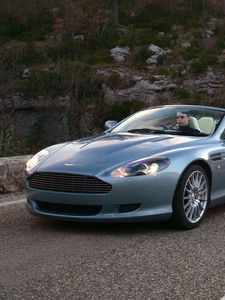 Preview wallpaper aston martin, db9, 2004, blue, side view, style, cars, nature, grass, asphalt