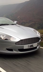 Preview wallpaper aston martin, db9, 2004, silver metallic, side view, style, sports, cars, speed, nature, mountains