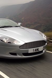 Preview wallpaper aston martin, db9, 2004, silver metallic, side view, style, sports, cars, speed, nature, mountains