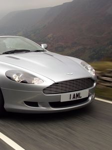 Preview wallpaper aston martin, db9, 2004, silver metallic, side view, style, sports, cars, speed, nature, mountains