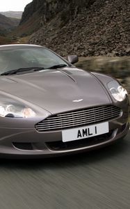 Preview wallpaper aston martin, db9, 2004, gray, front view, style, cars, speed, mountains, asphalt