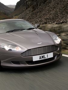 Preview wallpaper aston martin, db9, 2004, gray, front view, style, cars, speed, mountains, asphalt