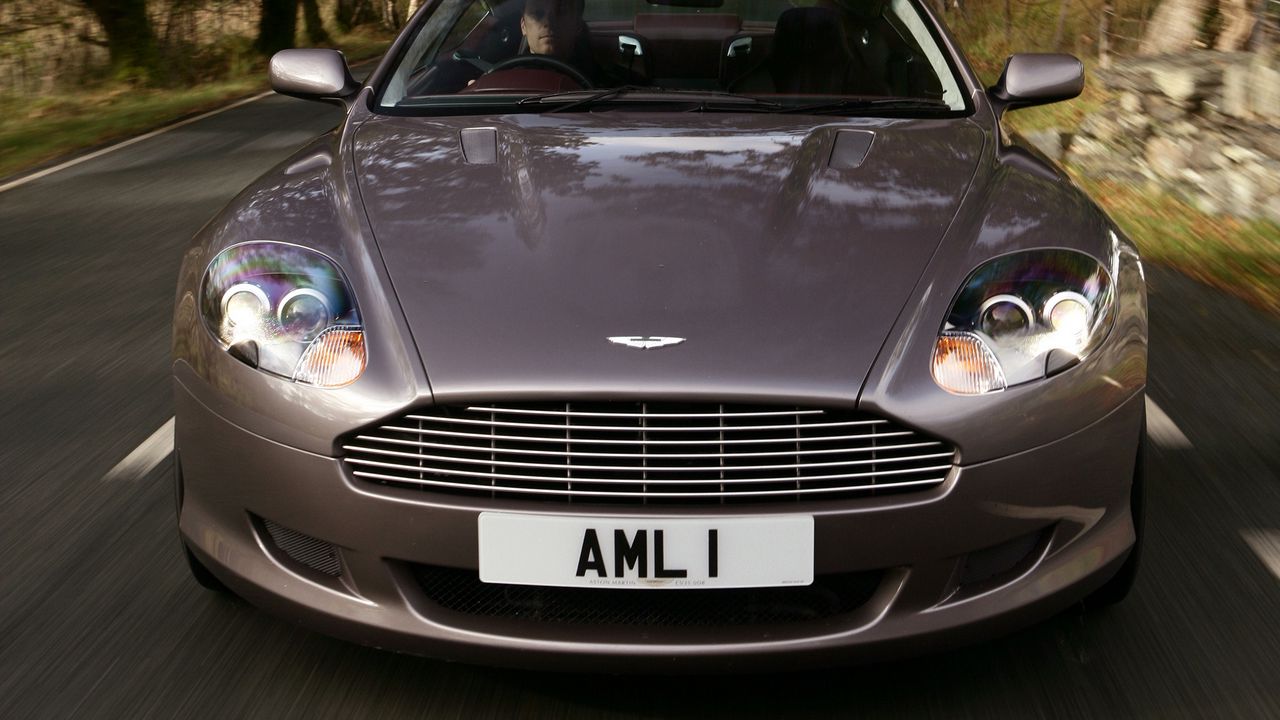 Wallpaper aston martin, db9, 2004, gray, front view, style, sports, cars, speed, trees