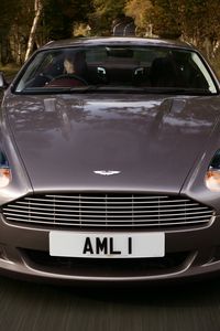 Preview wallpaper aston martin, db9, 2004, gray, front view, style, sports, cars, speed, trees