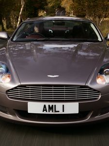 Preview wallpaper aston martin, db9, 2004, gray, front view, style, sports, cars, speed, trees