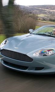 Preview wallpaper aston martin, db9, 2004, blue, front view, cars, speed, trees, nature