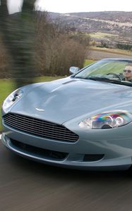 Preview wallpaper aston martin, db9, 2004, blue, front view, cars, speed, trees, nature